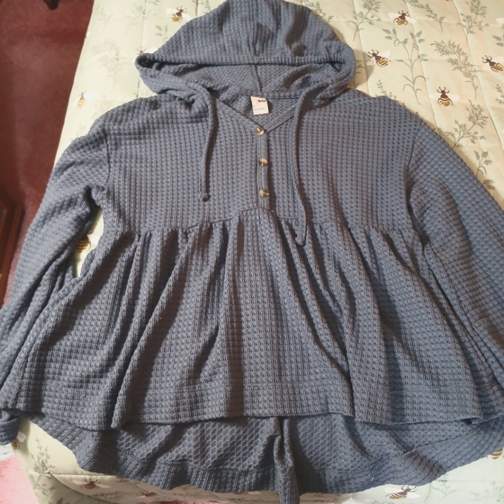 So Hooded Button-Up Waffle Knit Peplum Top Size Small